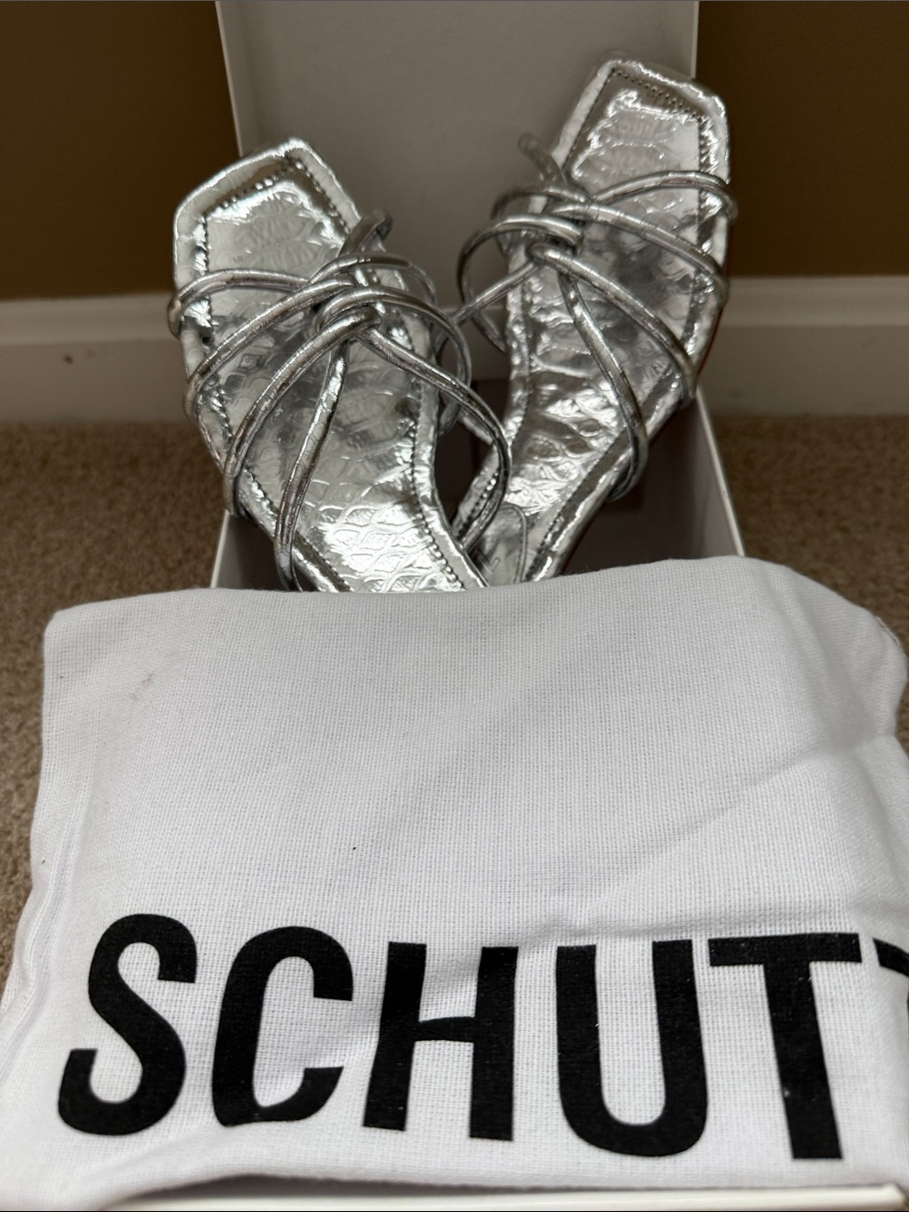 SCHUTZ Metallic Silver Strappy Square-Toe Heels - Picture 3 of 6